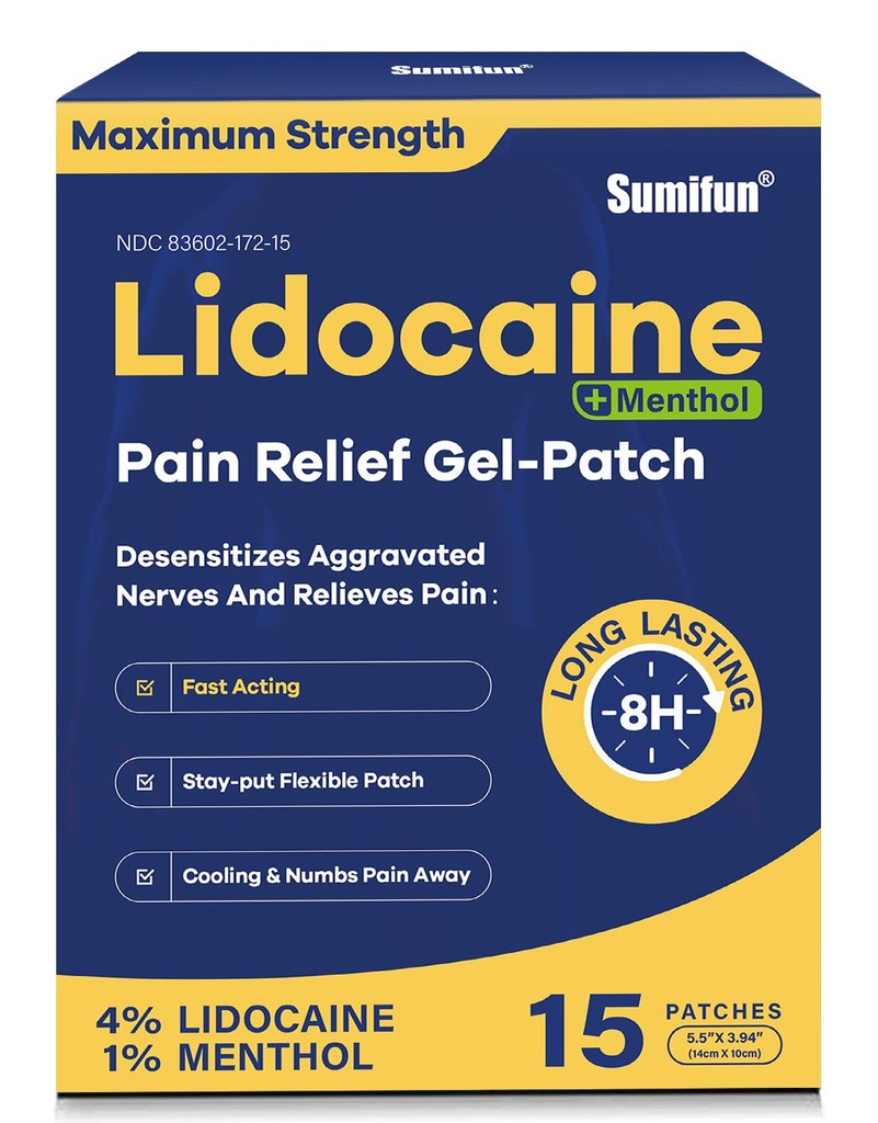 Sumifun 4% Lidocaïne Patches Plus 1% Menthol - 15 Counts Maximale sterkte OTC pijnverlichting Patches voor rug pijn Stiff nek gewrichtspijn spierpijn Topisch Analgetisch