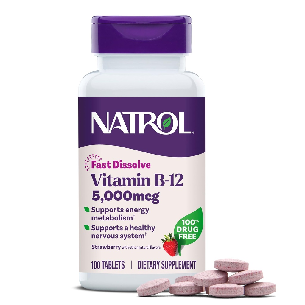 Natrol Vitamine B12 5 000 mcg, Dissolve rapidement Vitamine B12 Supplément soutient un système nerveux sain et le métabolisme de l'énergie, 100 comprimés, jusqu'à un approvisionnement de 100 jours