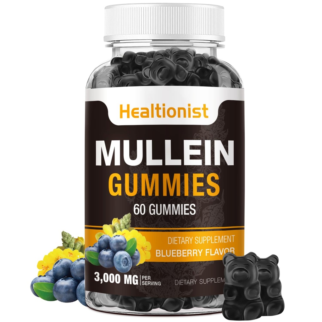1 Pack sans sucre Mullein Gummies - Lung Cleanse, 3000MG Mullein Supplément pour les gouttes de Mullein Respirant, Organique Gummy avec Quercetin et Bromelain pour Lung, Digestive Health & Immune 90Ct