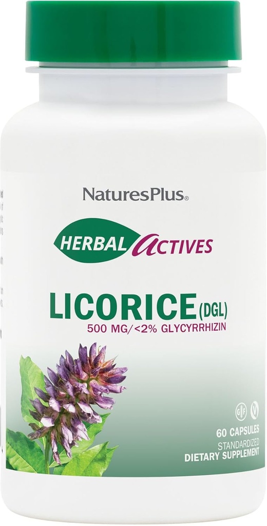 NaturesPlus Herbal Actives Licorice (DGL) 500 mg - 60 Capsules, Verpakking van 4 - Ondersteunt gezonde spijsvertering en algehele welzijn - Vegetarisch, Glutenvrij - 240 Totaal porties