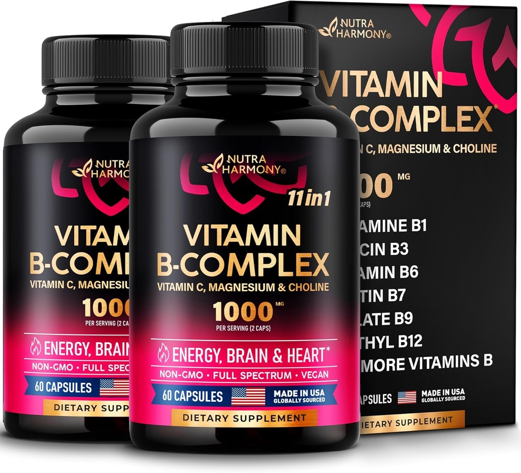 Vitamine B Complex for Men & Women - Made in USA - 11-in-1 B-Complex: B1, B2, B3, B5, B6, B7, B8, B9, B12 met vitamine C, Choline, Inositol - Energy, Brain & Heart Support Supplement - Pack of 2