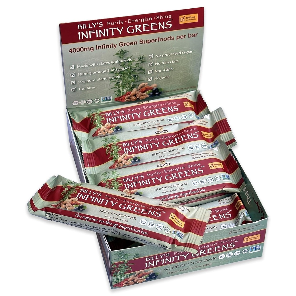 Infinity Greens Superfood Bars, Plant Based Meal Replacement Bar met 4000mg Infinity Greens Superfood Powder, Organic, Raw, Gluten Free, Non GMO (12 Bars)