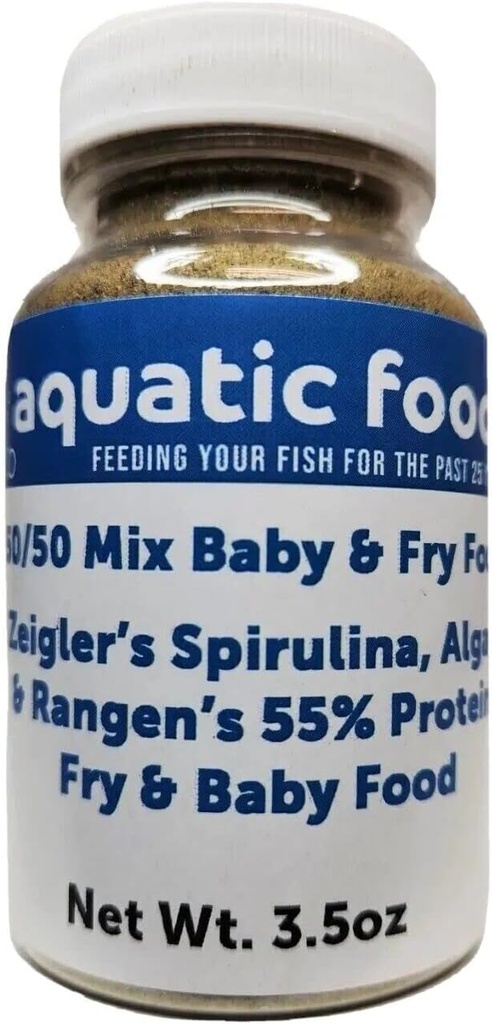 Aquatic Foods Inc. 50/50 Mix van Spirulina/Algenpoeder en Rangen's Zachte Moist 55% Proteïne Koi & Tropical Fish Fry Drijvend Voedsel...3.5oz Fles