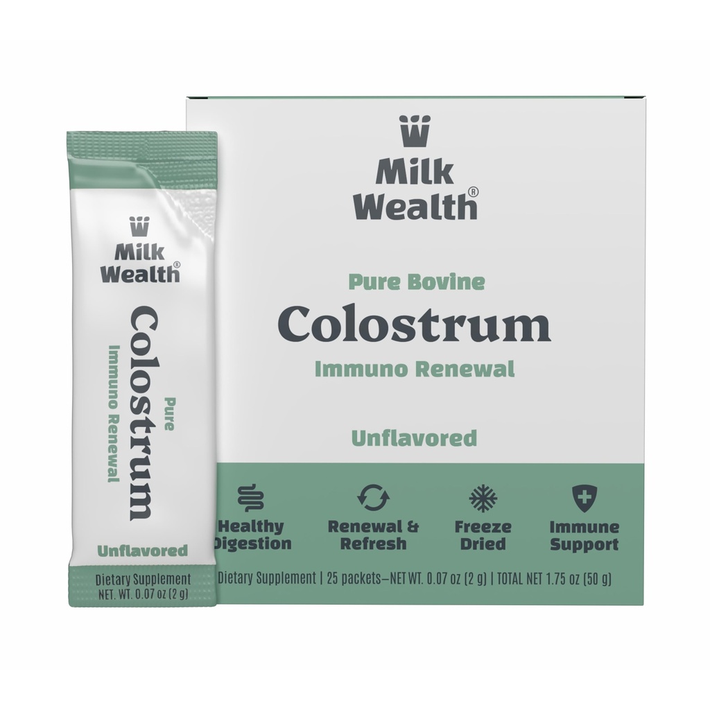 Pure Bovine Colostrum Unflavored, Freeze-Dried, Immune Support, Superfood met voedingsstoffen, Geen additieven Geen conserveringsmiddelen, 25 Serving Packets (2 Gram in elke verpakking) Netto Gewicht 50g