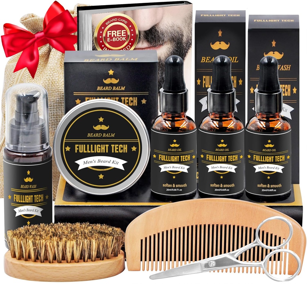 Baard Kit voor mannen Grooming & Care W/3 Pack Beard Oil, Wash, Balm, Comb, Borstel, Schaar, Anniversary Valentijnsdag Vaders Gifts Idee voor echtgenoot Hem vriendje Dad Mannen Kerstmis Stocking Stuffers