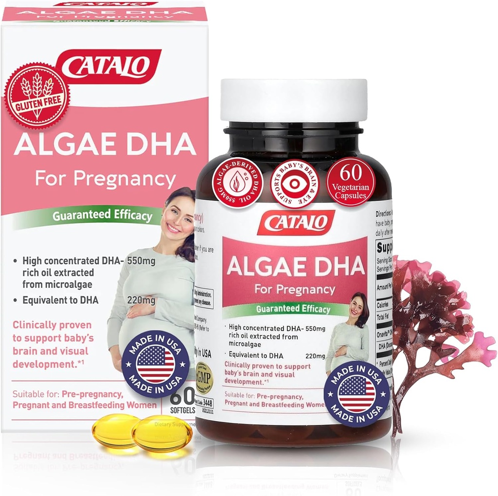 CATALO Omega 3 Algen DHA voor vrouwen - 550mg DHA-Rich Oil from Microalgene, Ideaal voor prenatale, Zwangerschap & Borstvoeding, Vegetarische Softgels, Glutenvrije - 60 Softgels