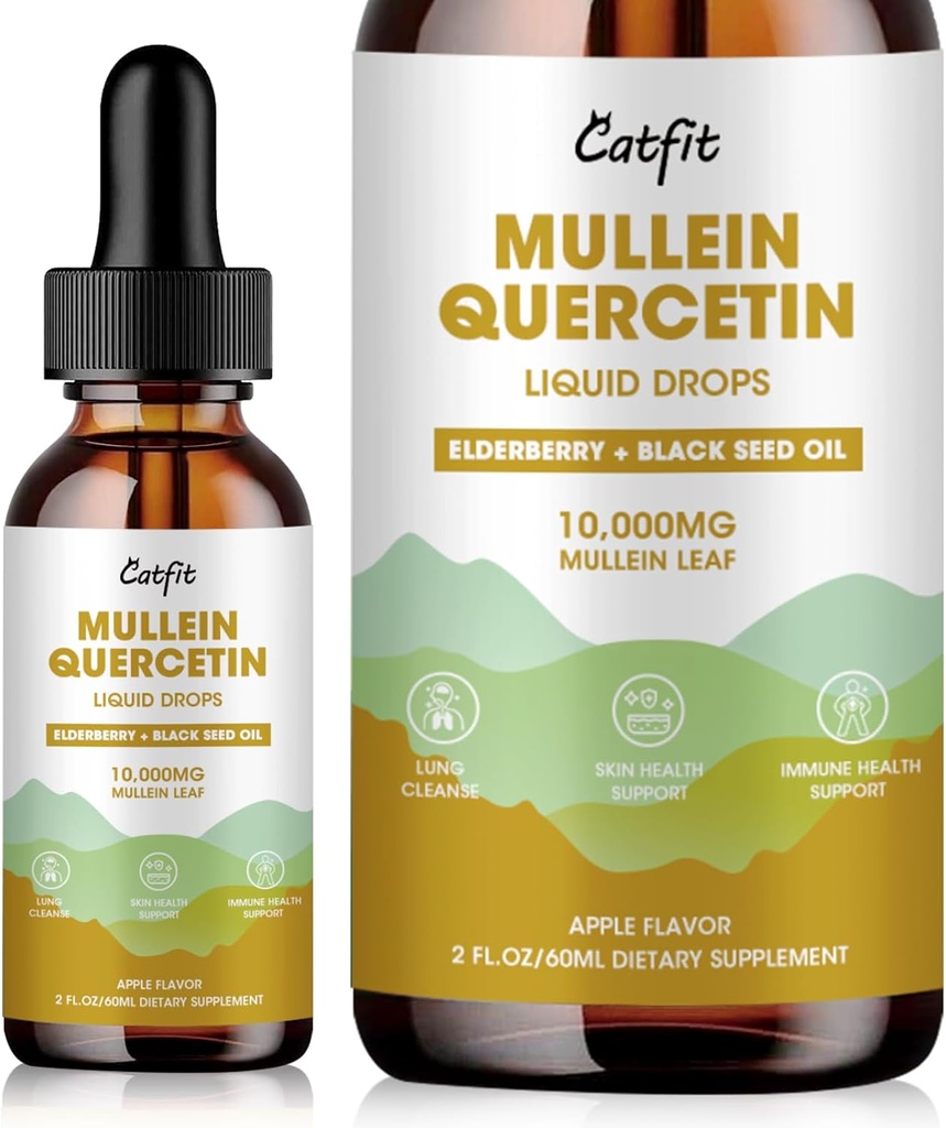 Catfit Lymphatic Drainage Drops for Longs - Mullein Leaf Extract Liquid Supplement - Lung Cleanse for Smokers - Krachtige Mullein Tinctuur voor Immune, Huid en Respiratory Health Ondersteuning - 1 Fl Oz