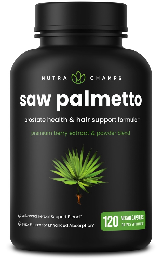 NutraChamps Saw Palmetto Supplement voor Prostaat Gezondheid [Extra sterkte] 600mg Complex met Extract, Berry Poeder en Kruiden - Ondersteunt gezonde urinefrequentie, 120 capsules