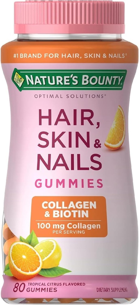 Nature's Bounty Hair, Skin & Nails met Biotin en Collageen, Ondersteunt Hair Skin en Nail Health, 2500 mcg, Citrus Flavored Gummies, 140 Ct