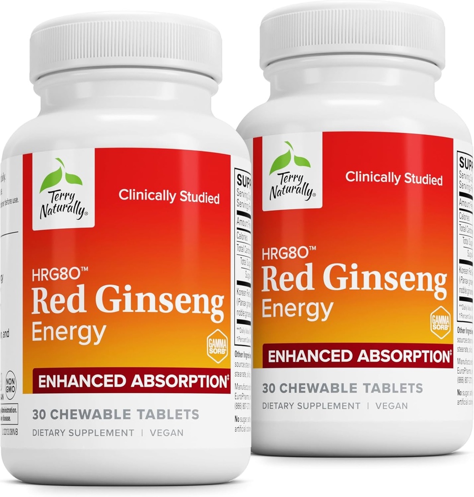 Terry Naturally HRG80 Red Ginseng Energy - Support Healthy Energy & Focus - Herbal Supplement with Korean Red Ginseng Root Powder - Tablets to Aid Healthy Endurance - 30 Chewable Tablets (pack of 2)