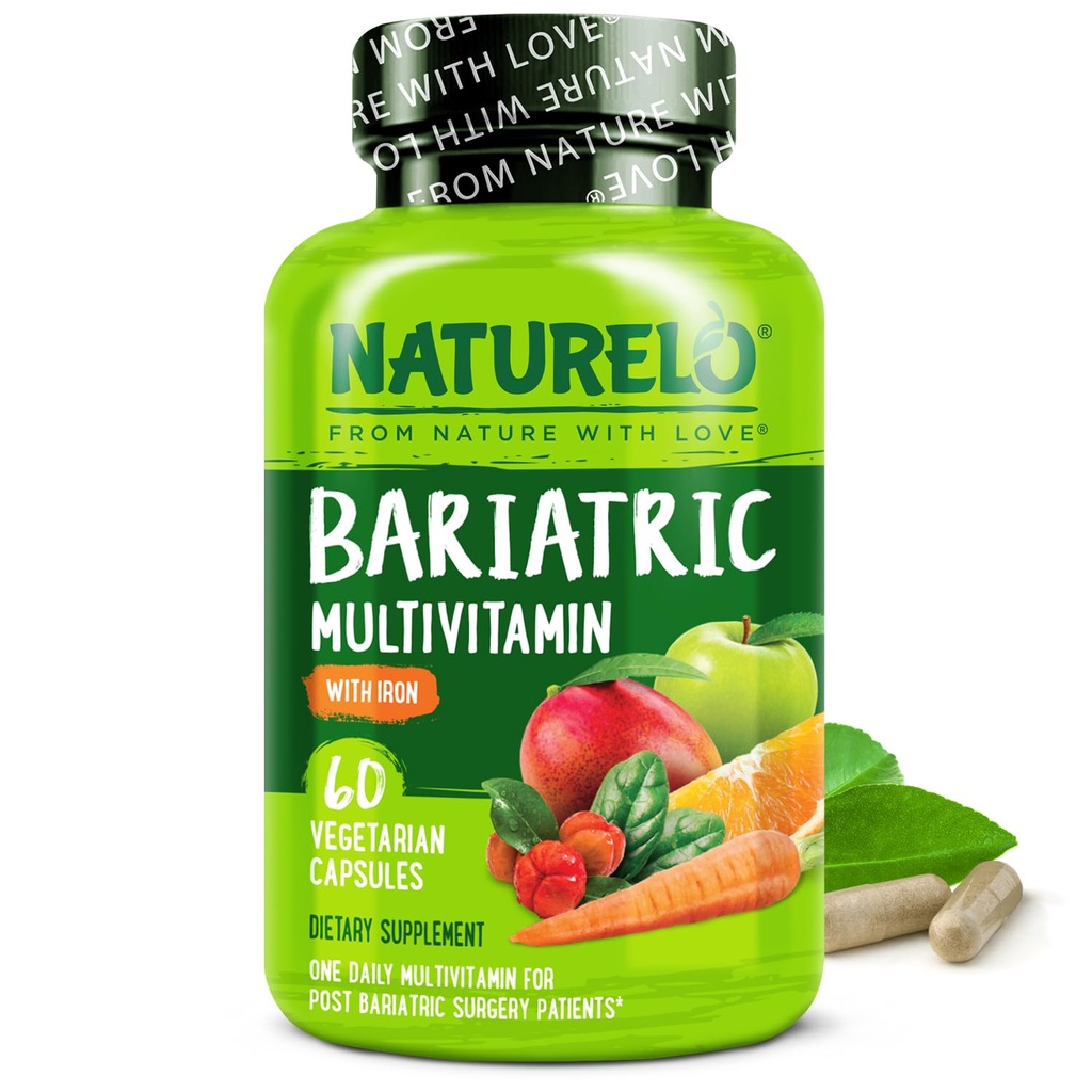 NATURELO Multivitamine bariatrique - Un jour avec le fer - Supplément pour les patients de chirurgie de contournement gastrique - Alimentation naturelle entière - 60 capsules de légumes