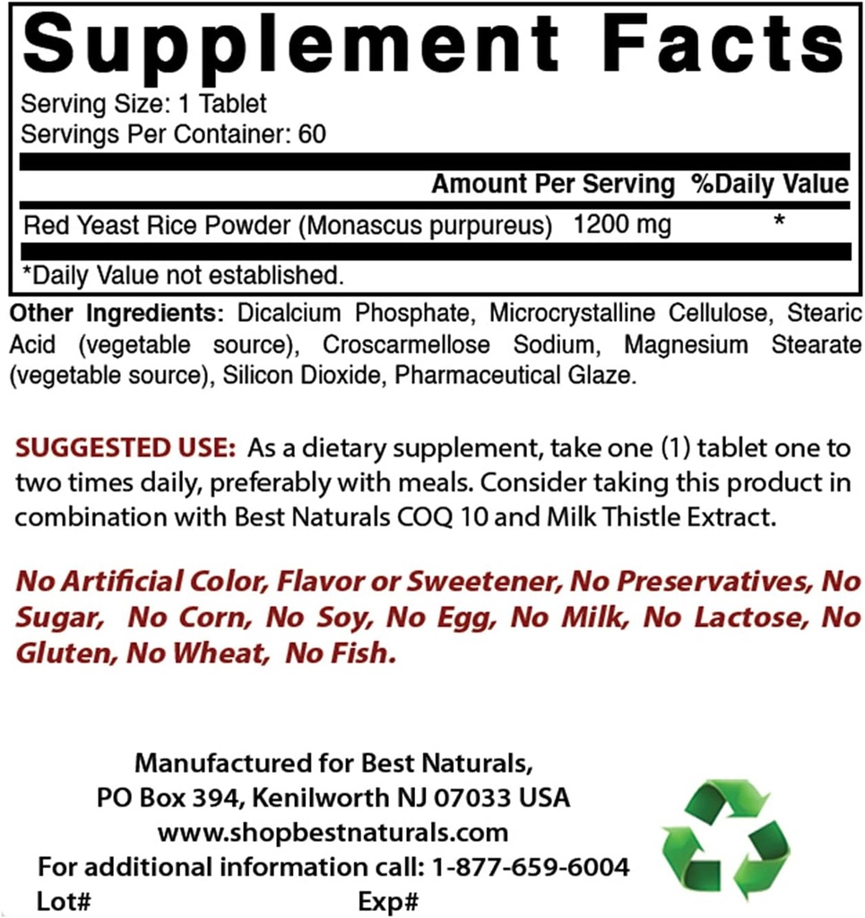 Best Naturals Red Gist Rice 1200 Mg & vitamine B-12 6000 mcg