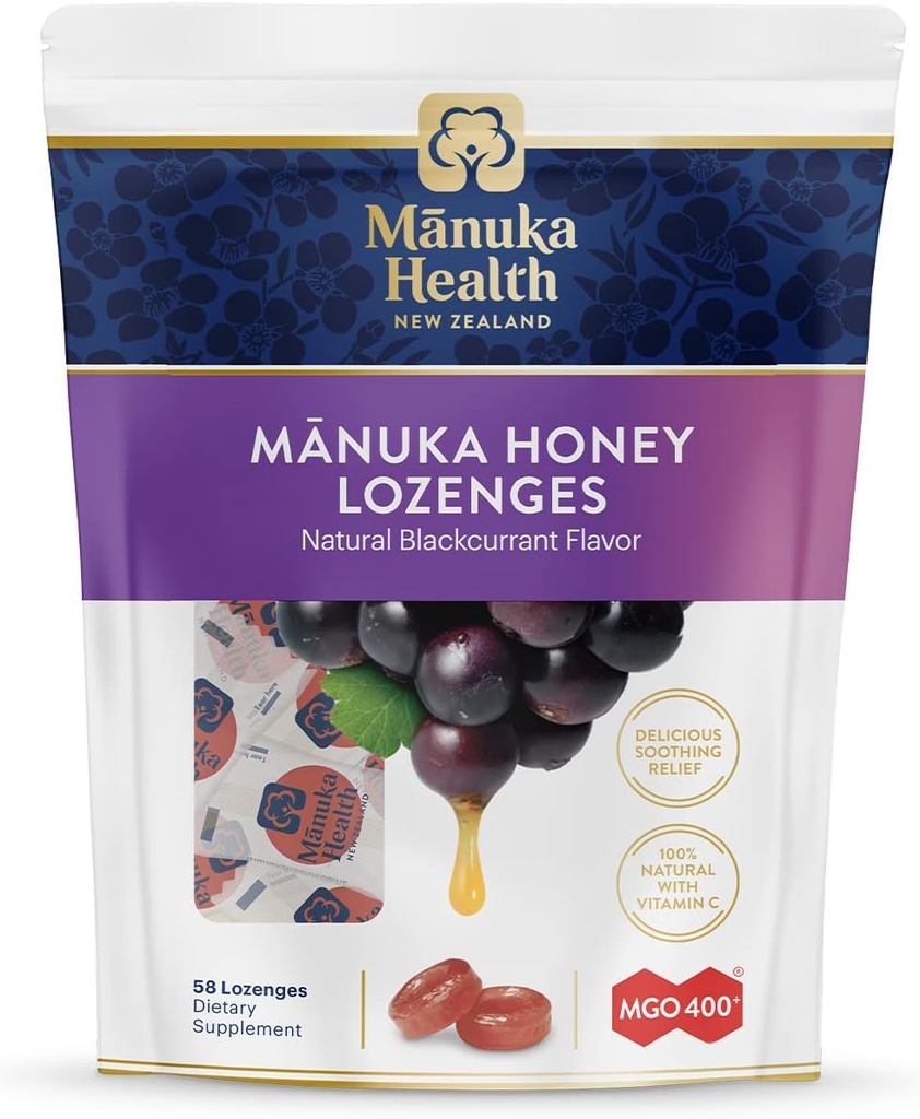 Manuka Health Manuka Honey Throat Lozenges - Blackcurrant Flavored Lozenges, 58-Count - Cough Drops Infused met Raw Manuka Honey & Vitamine C voor Immune Ondersteuning