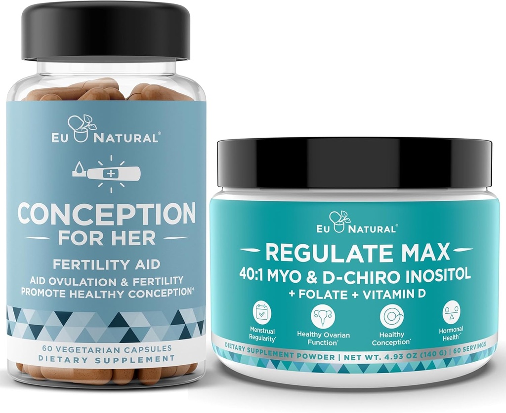 Conception for Her Capsules + Regulate MAX Myo-Inositol D-Chiro Inositol Powder - Fertility Support, Hormone Balance, Regulate Cycles - 60 Vegetarische Zachte Capsules + 60 Servings Powder