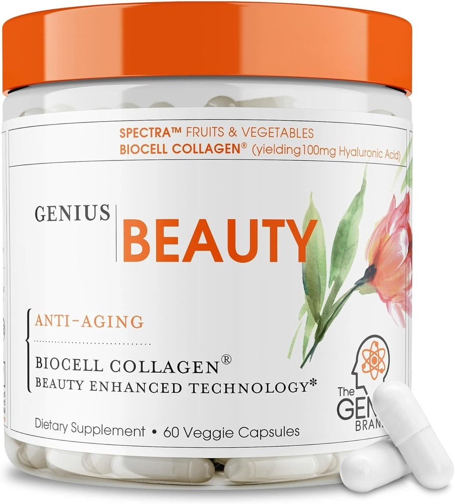 Genius Beauty, Hair Skin & Nails Vitaminen, 60 Capsules - Anti-Aging Antioxidant Supplement, Gehydrolyseerde Collagen Pillen, Glutathion & Astaxanthine - Detox Reiniging, Rimpels, Haargroei & gezonde huid
