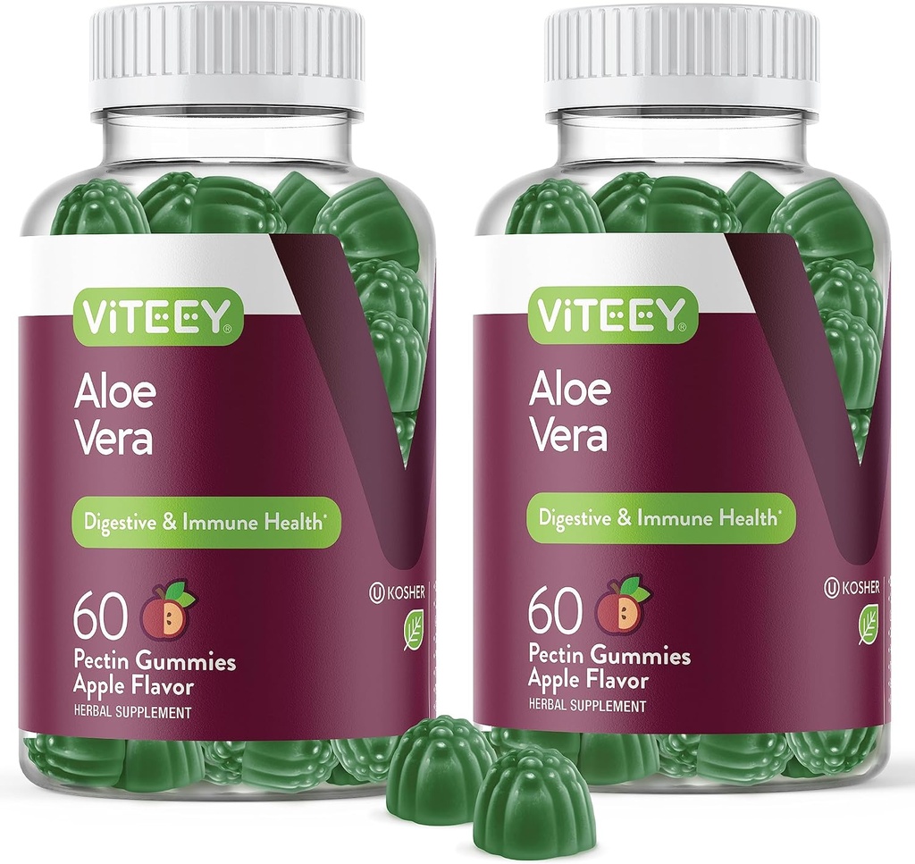 Viteey Aloe Vera Gummies pour les adultes - 50mg - Aides à la digestion et à la santé immunitaire - Supplément Aloe Vera - Vegan, sans gélatine, sans gluten, sans OGM, sans framboise croustillante goûtée
