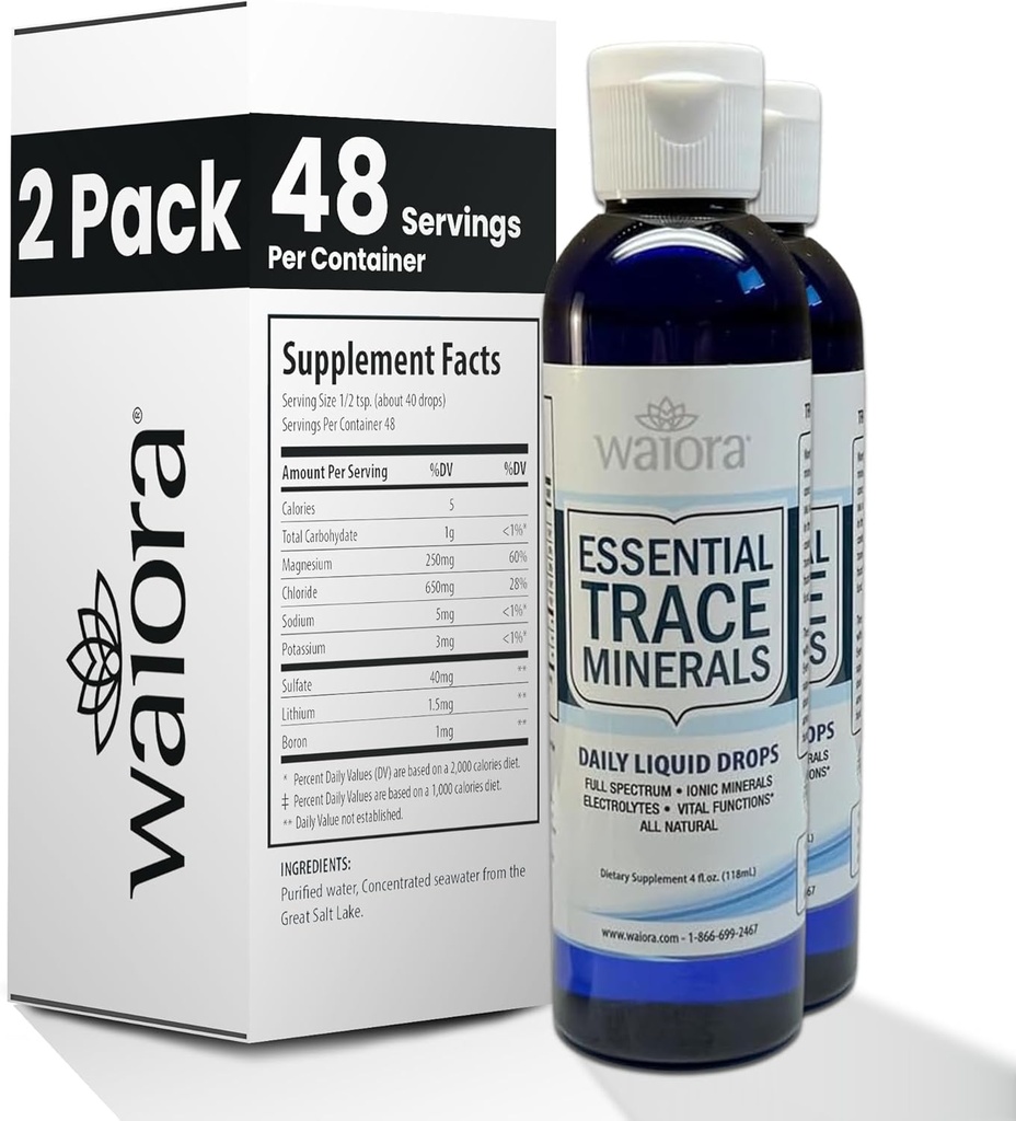 Waiora Trace Minerals Essentiels Aide à la reconstitution Mineral perdu/dépleté 60+ Ionic Trace Minerals Corps de soutien Fonctions vitales, équilibre du pH