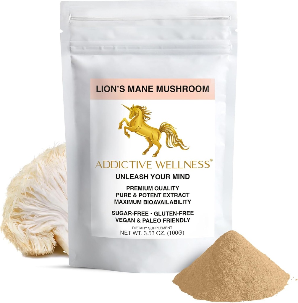 Addictive Wellness Lions La Mane Supplément Poudre, Lions de qualité supérieure La Mane Mushroom Poudre Dual-Extract Nootropic, sans sucre, Vegan & Paleo Lion La Mane Mushroom Supplément - 1500 mg (100 Grams)