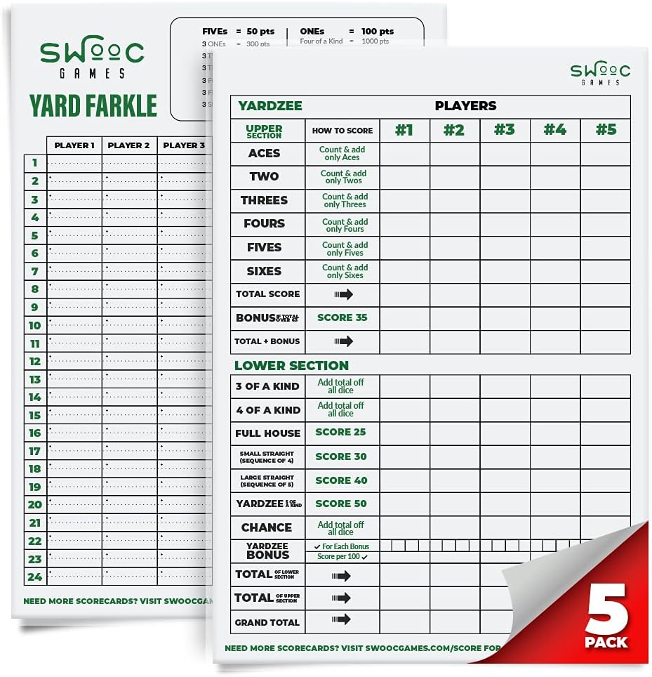 SWOOC Games® - 5 Big Premium Gelamineerde Yardzee & Farkle Score Kaarten (11.5in x 8in) met regels - Grote herbruikbare droog uitwisbare Pads voor Giant Outdoor Dice