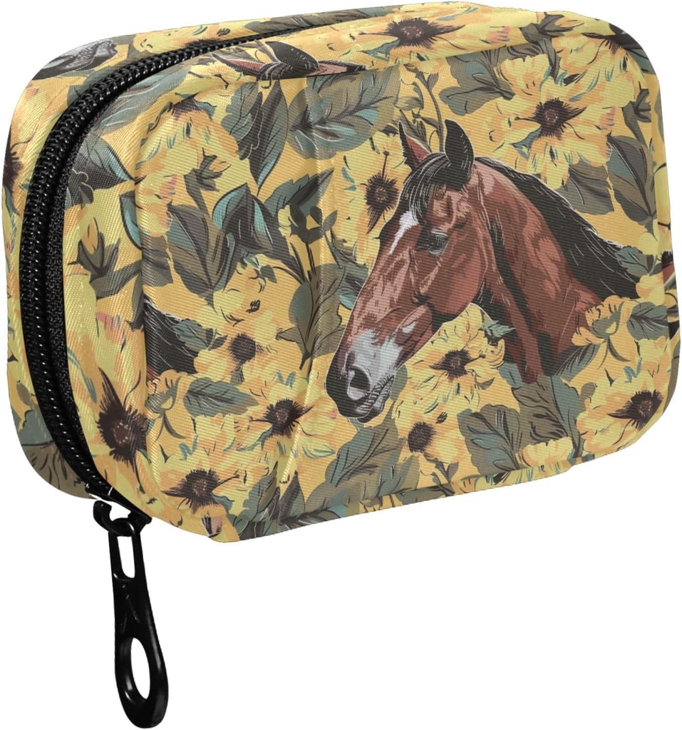 Fustylead Hand Draw Horse and Yellow Flower Leavse Pill Organizer for Purse, Weekly Portable Pill Box with Zipper to Storage Vitamins Fish Oils Medications Supplements