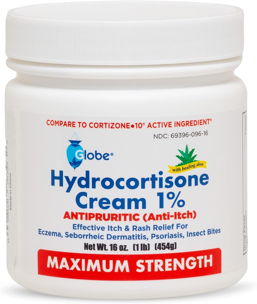 Globe Hydrocortison Maximum sterkte Cream 1% w/Aloe, 16 oz, Anti-Itch Cream for Redness, Swelling, Jeuk, Rash, Bug/Mosquito Bites, Eczema, Aambeien & Meer, 16 oz Jar