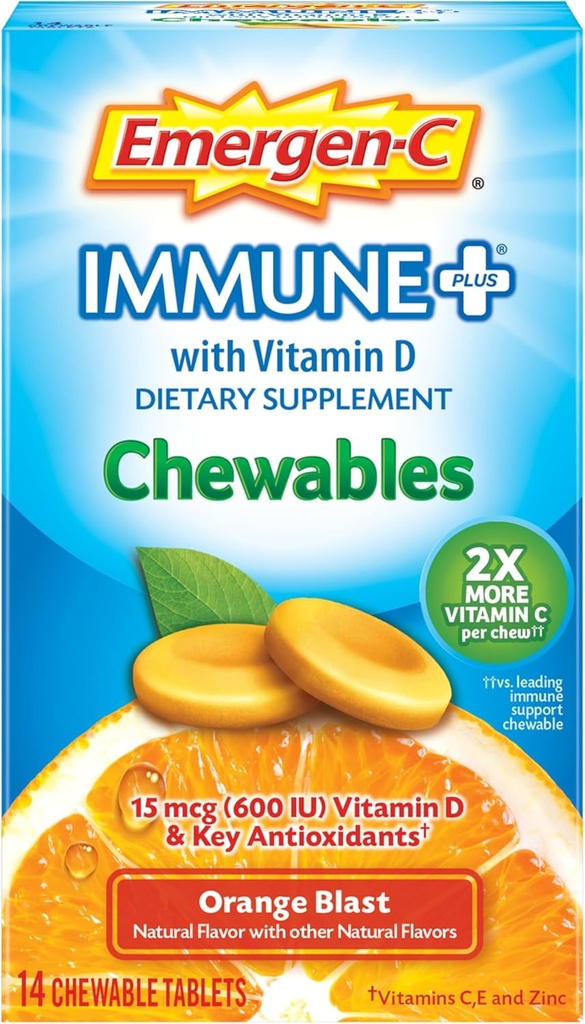 Emergen-C Immune+ Chewables 1000mg Comprimé vitamine C, avec vitamine D, supplément de soutien immunitaire pour l'immunité