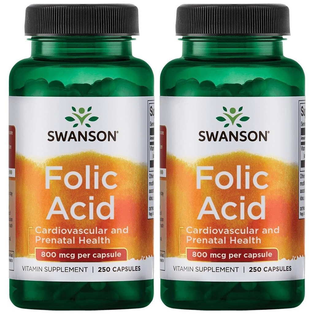 Swanson Folic Acid 800 mcg (1Vitamine 335 mcg Dfe Folate) 250 Capsules (2 Pack)