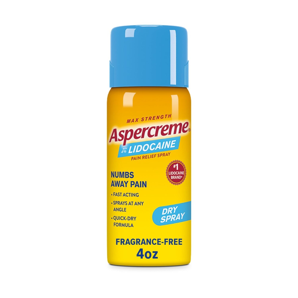 Aspercreme Lidocaine Dry Spray Verzacht verzwaarde zenuwen, Numbing Topical Pain Relief Spray met Max-Strengte 4% Lidocaine Sprays bij Any Angle, 4 Oz.