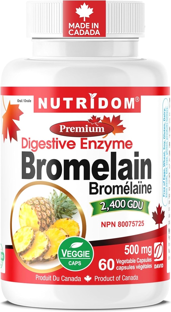 Nutridom Bromelain suppléments d'ananas enzymatiques digestifs, 2400 GDU, 500mg, non OGM, végétalien, sans gluten, soja et lait (compte de 60)