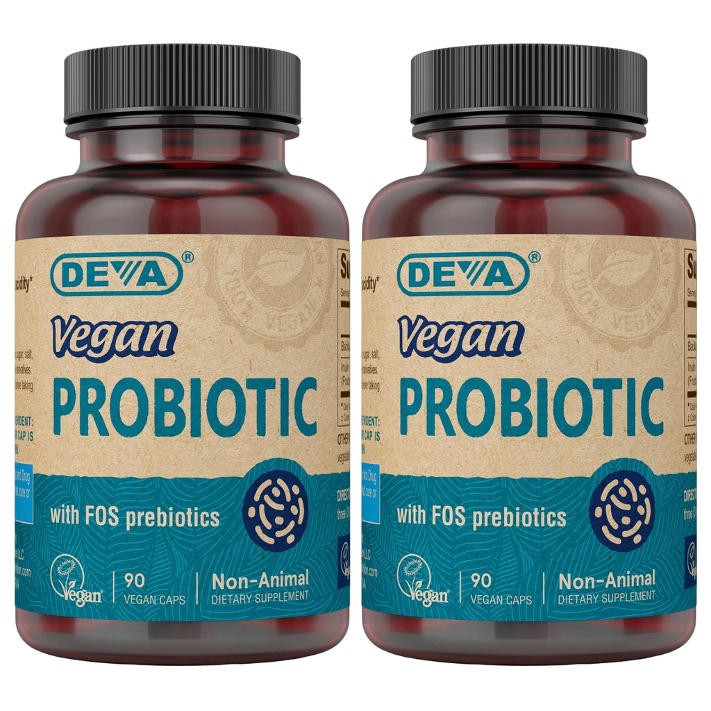 DEVA Vegan Probiotica met FOS Prebiotica Supplement - 2 miljard CFU met 100 mg Prebiotica Per portie voor mannen en vrouwen - Non-Dairy Gluten Free - Natuurlijk Plank Stable - 90 Capsules (verpakking van 2)