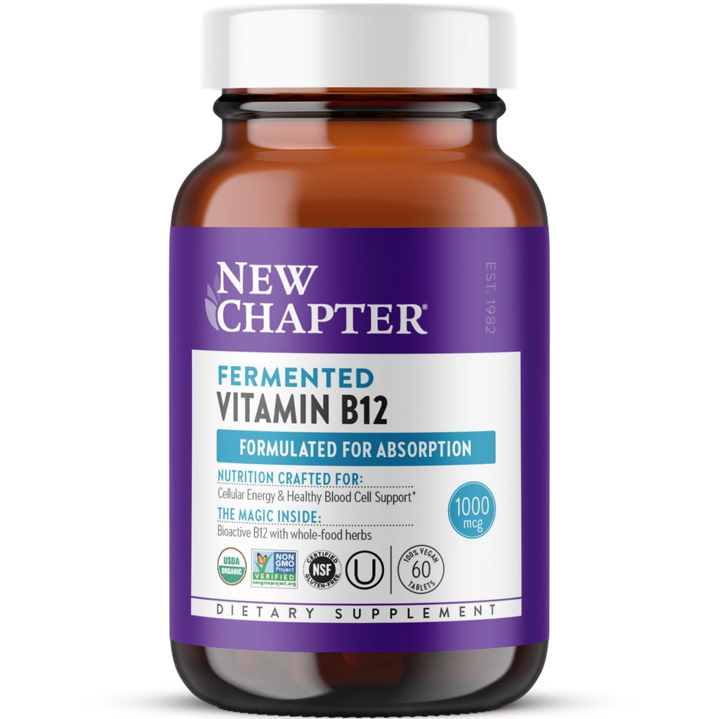 Nouveau chapitre Vitamine fermentée B12 1000 mcg, USDA Organic, ONE Daily pour l'énergie cellulaire + cellules sanguines saines, végétalien certifié, sans gluten - 60 Compte