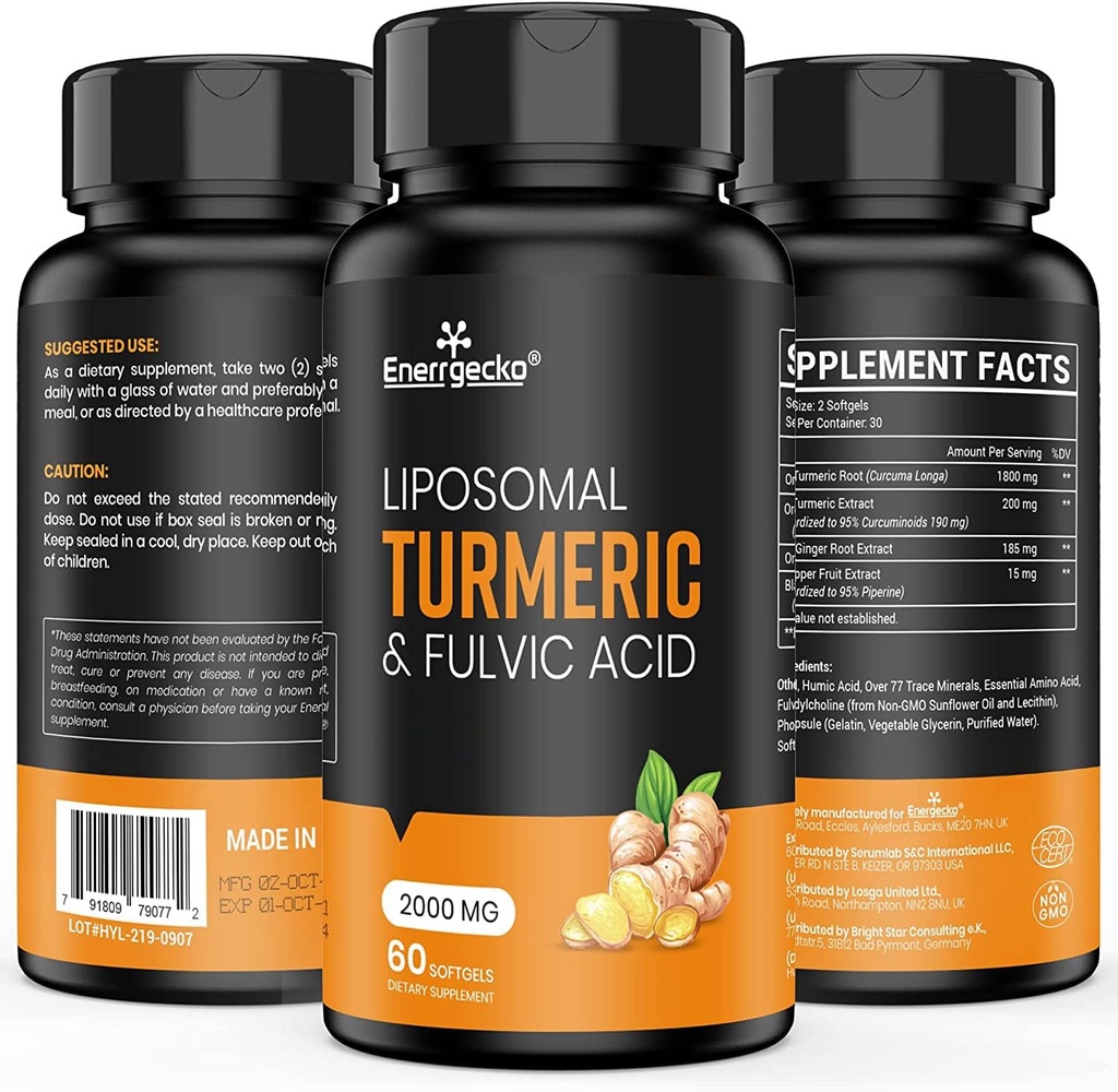 2000 mg Liposomale Kurkuma Curcumine met zwarte peper en gember voor superior absorptie met fulvinezuur en Humic zuur (60 tellingen (verpakking 1))