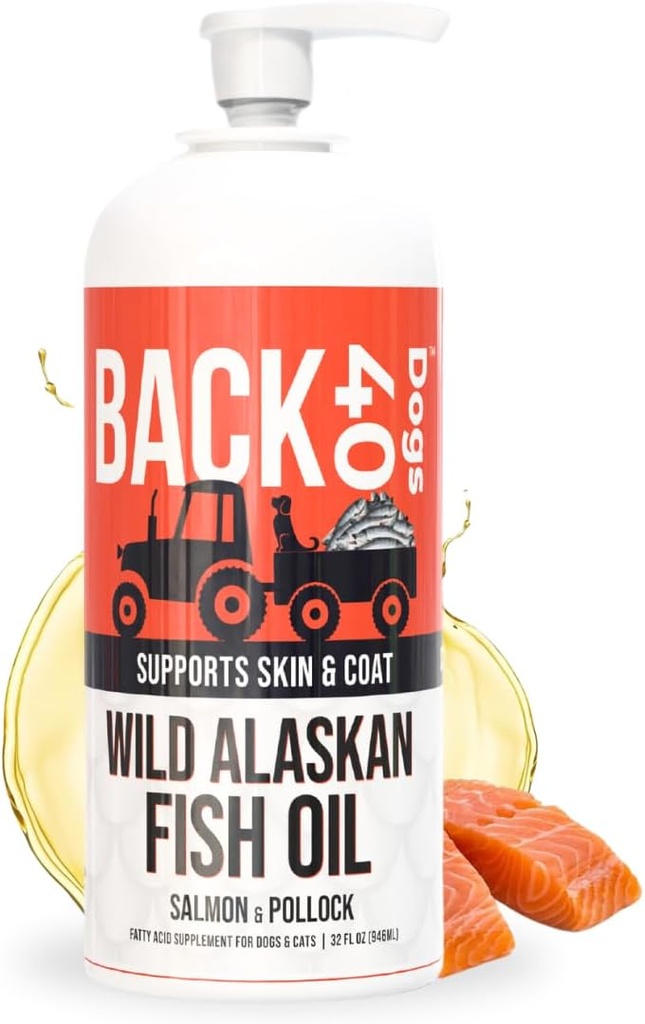 BACK 40 Honden Wilde Alaska Visolie voor honden, huid en jas Supplement voor honden en katten, Omega-3-Rich Zalm en Pollock Oil, EPA & DHA Hondenzalmolie voor hersenen, hart, en gewrichten 32 fl oz