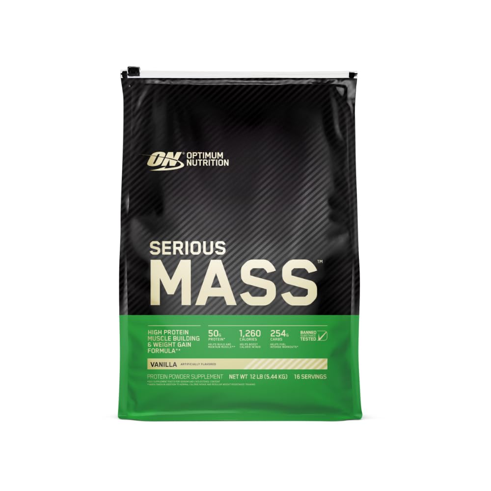 Optimum Nutrition Serious Mass Weight Gainer Protein Powder, Vitamine C et Zinc pour le soutien immunitaire, Vanille, 12 Pound (Packaging May Vary)