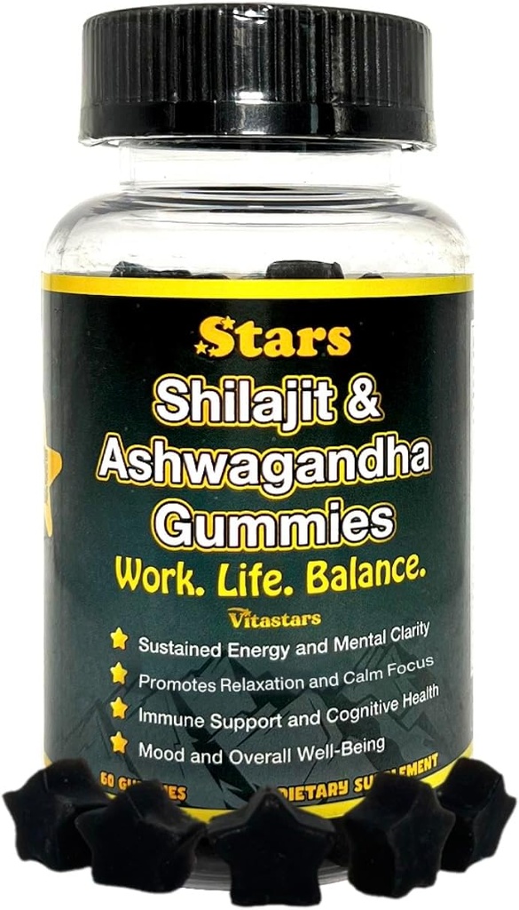 Shilajit Ashwagandha Gummies - Immune Support Supplement met Pure Shilajit Resin - Organic Ashwagandha Gummy for Stress, Energy & Wellness, 60 Natural Star Shaped Gummies