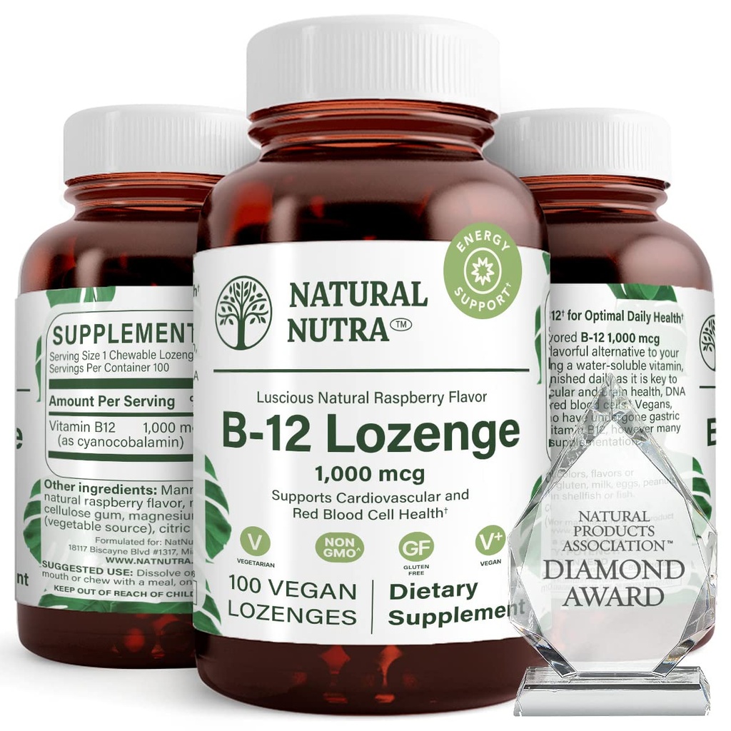 Supplément naturel de vitamine Nutra B12, aide à augmenter les niveaux d'énergie, essentiel pour un système nerveux sain, aide à améliorer l'humeur et la santé mentale, soutient le système cardiovasculaire, 100 Lozenges