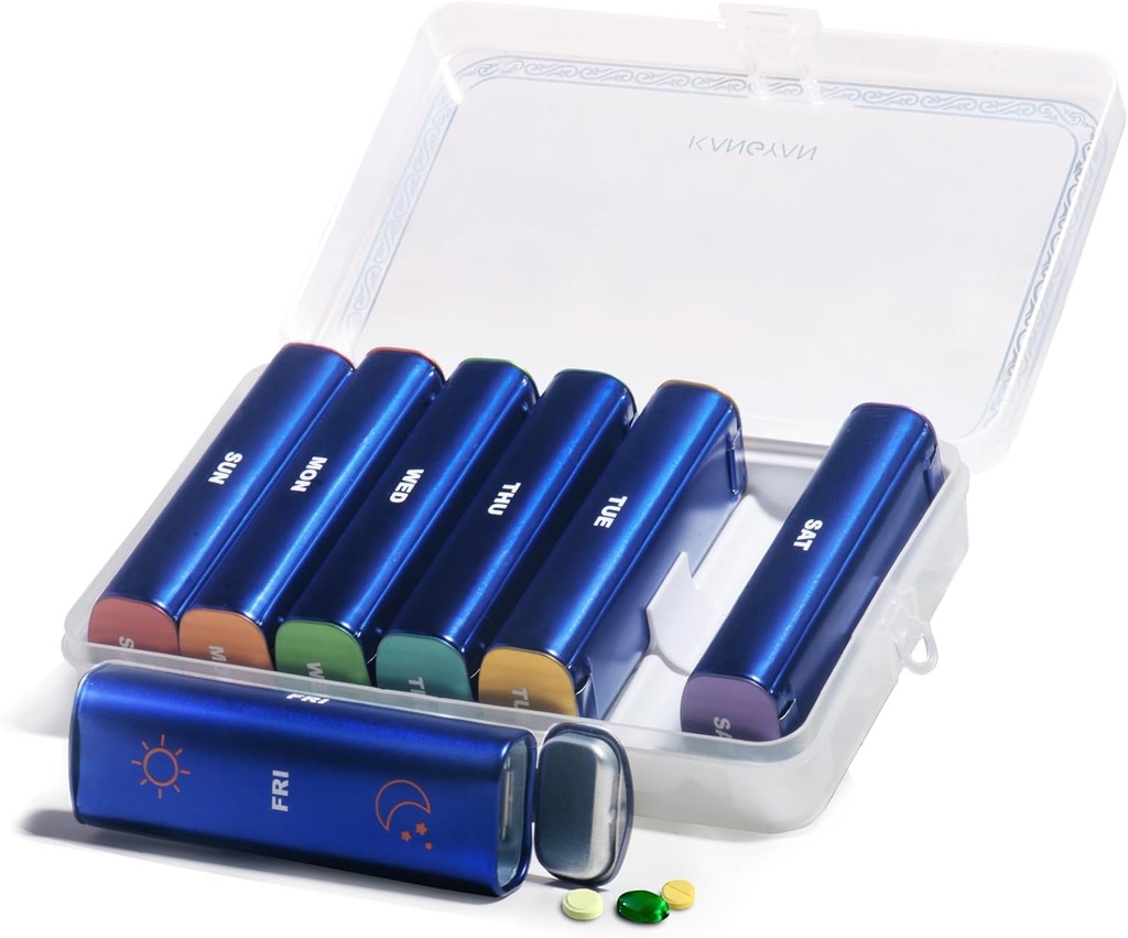 Metal Weekly Pill Organizer 2 keer per dag, Aluminium Legering Portable Travel Pill Box 7 Dag, AM Tweemaal daags Pill Case voor Vitamine, Geneeskunde, Supplement, Visolie
