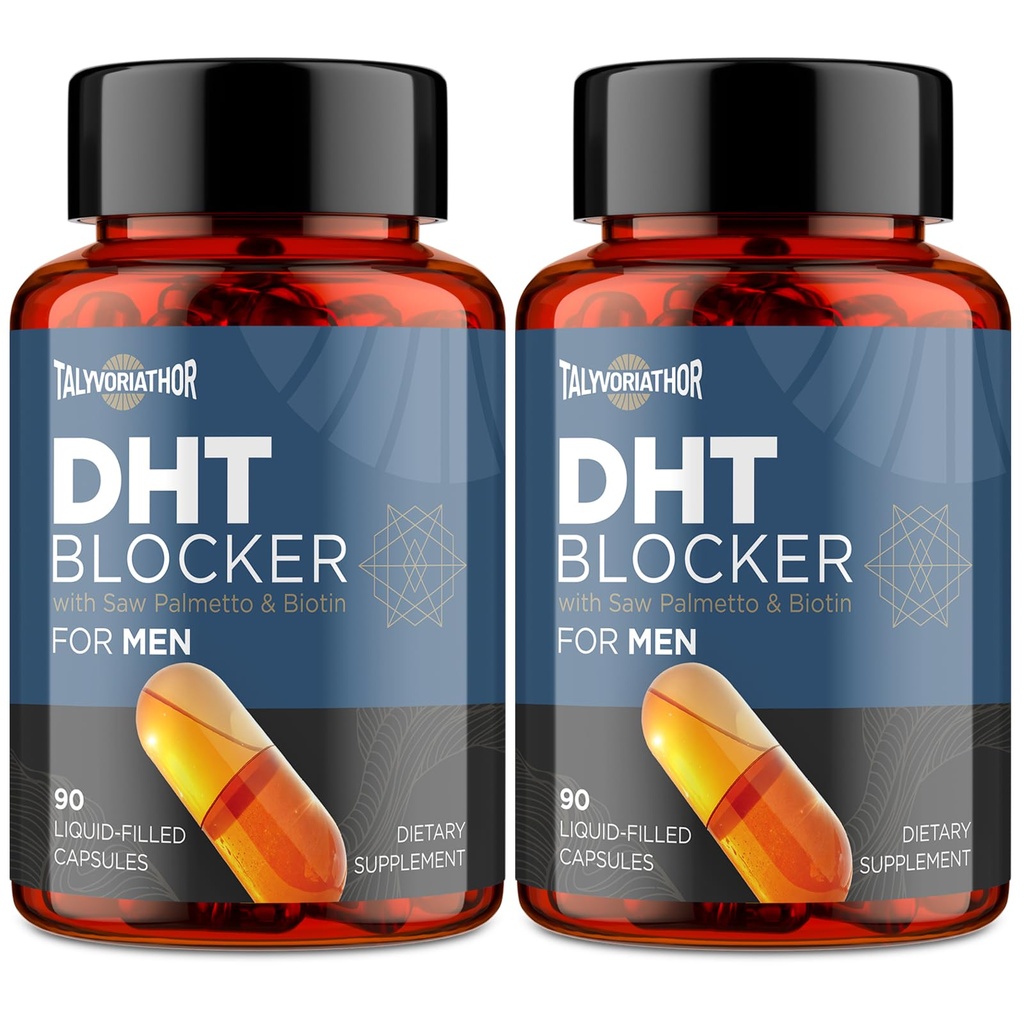 DHT Blocker pour hommes avec Saw Palmetto & Biotin, Formule de croissance des cheveux dans les capsules à remplissage liquide, Suppléments de perte de cheveux, Vitamines de repousse des cheveux, Mélanges à base de plantes propriétaires - 90 capsules(2 bouteille)