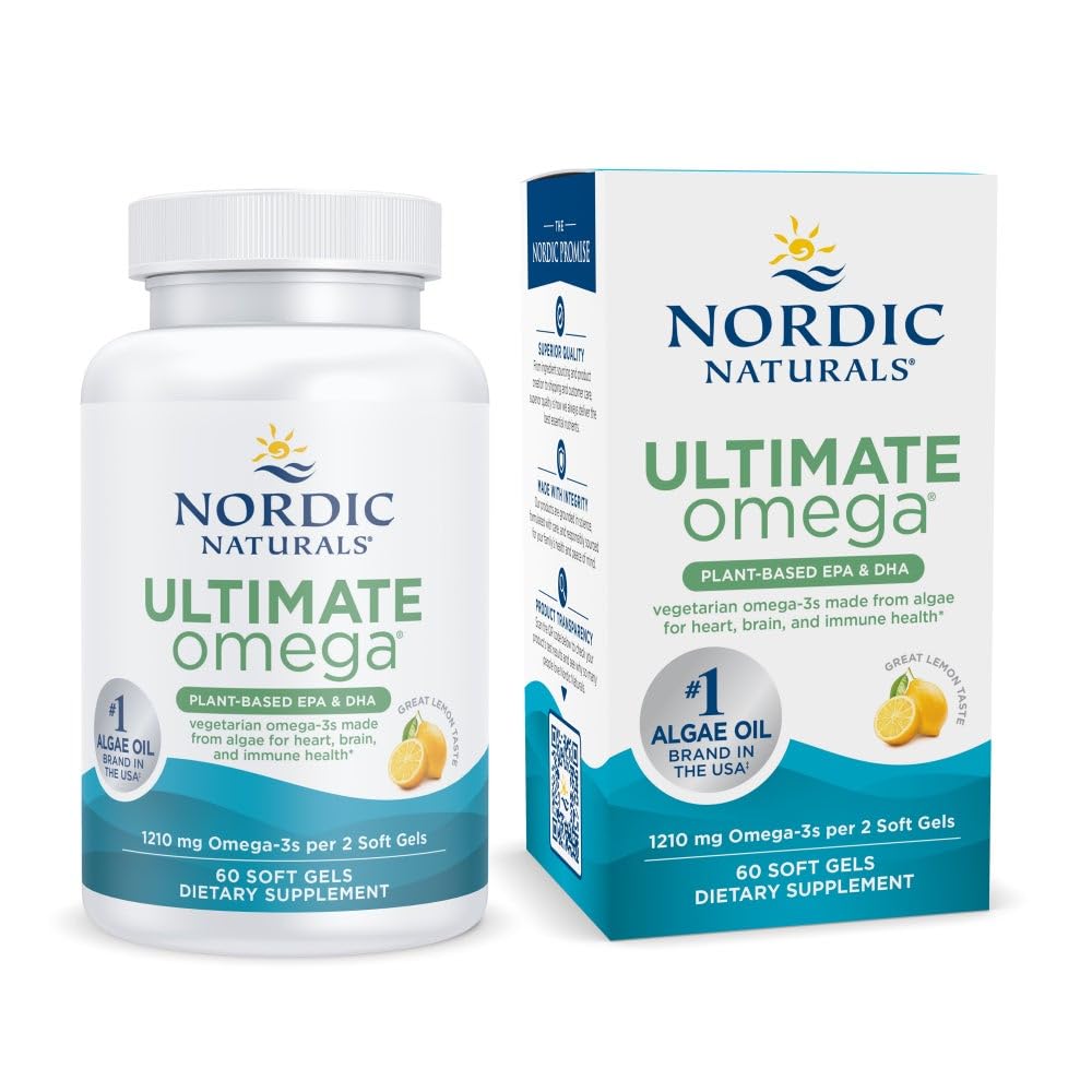 Nordic Naturals Plant based Ultimate Omega, Lemon Flavor - 60 Gels mous végétariens - 1210 mg Omega-3 - Vegan EPA et DHA - Supplément fabriqué à partir d'algues - Cerveau et soutien cardiaque - Non-OGM - 30 portions