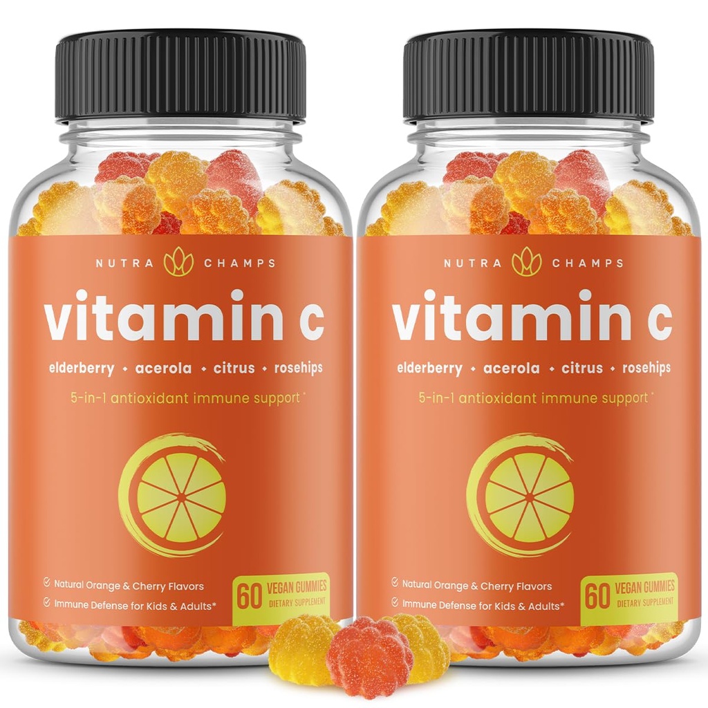 NutraChamps Vitamine C Gommies pour Adultes et Enfants, 5-en-1 Immune System Support avec Elderberry, Rosehips, Citrus Bioflavonoïdes et Acerola Cherry, Supplément Immunity Booster (Pack de 2)