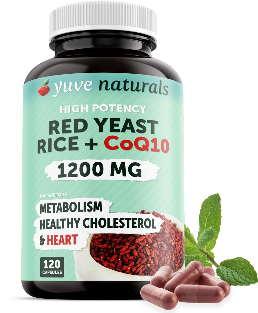 100% Natural Red Gist Rice 1200 mg met CoQ10 100 mg, 2 in 1, Handhaaf gezonde Cholesterol niveaus - 120 Veggie Capsules