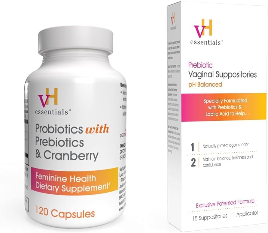 vH essentials Probiotica met Prebiotica en Cranberry Vrouwelijke Health Supplement - 120 Capsules (544-36) & Prebiotic PH Balanced Vaginale SupportorsBox, Originele versie, 15 Tellen