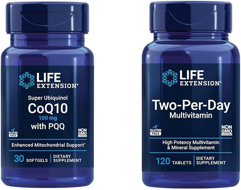 Life Extension Super Ubichinol CoQ10 100mg 30 Softgels Cellular Energy Support Bundle with Two-Per-Day High Potency 120 Tablet Multivitamine