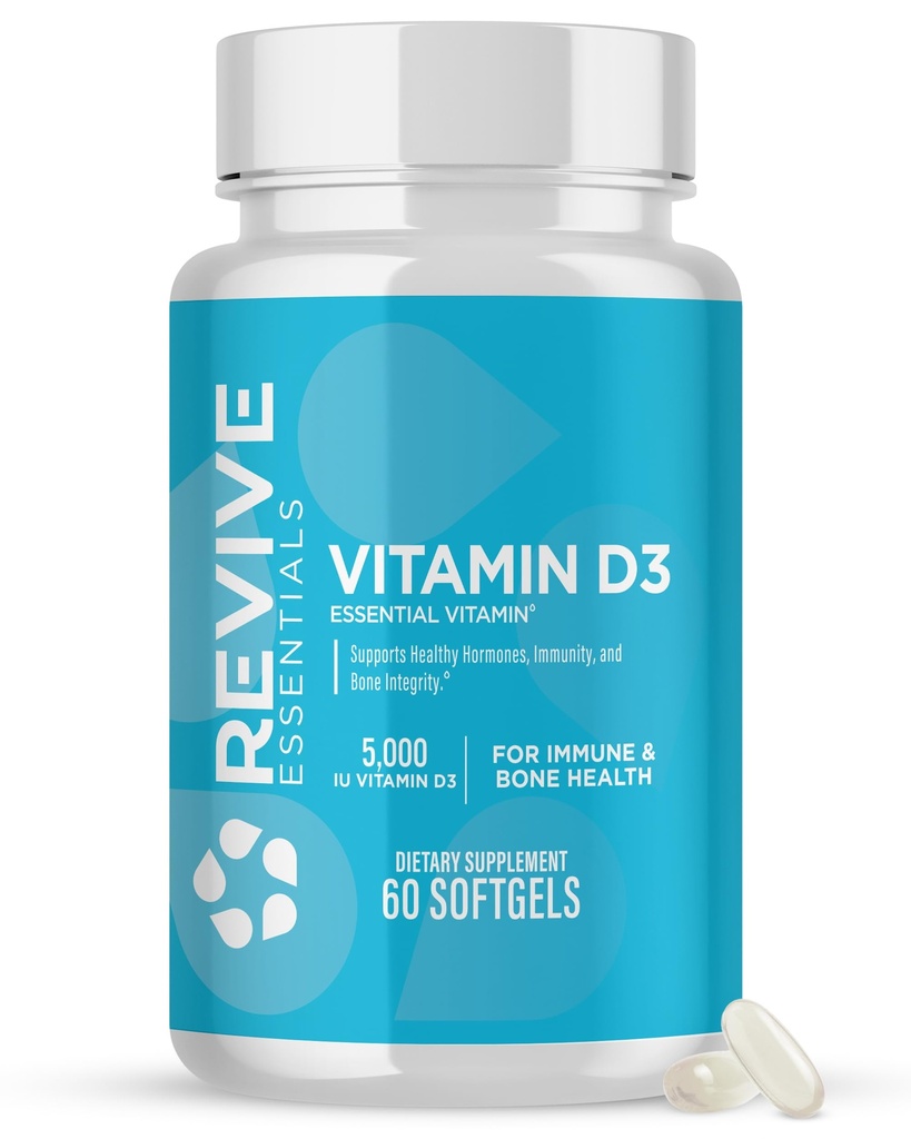 Revive MD Vitamine D3 Supplement, 5000 IE - High Potency Cholecalciferol for Immune Support, Calcium Absorptie, Bot & Muscle Health - Non-GMO Dieetsupplement zonder Fillers - 60 Softgels