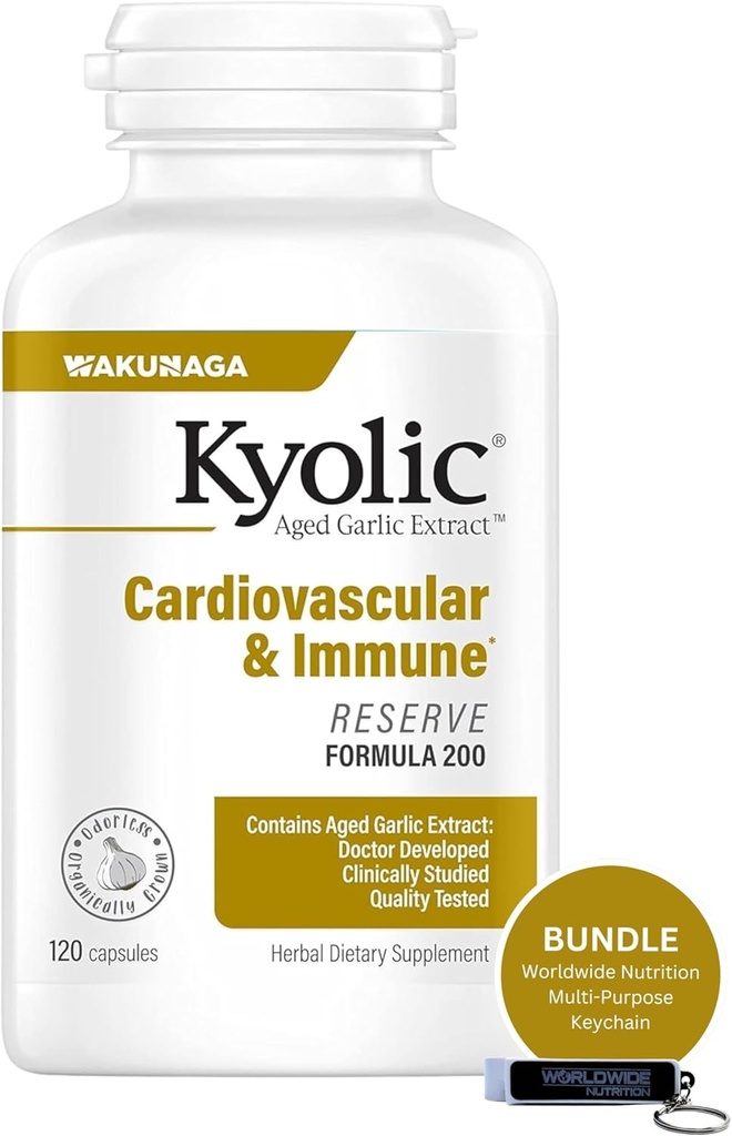 Ensemble alimentaire mondial Compatible avec l'extrait d'ail kyolique vieilli, cardio-vasculaire et immunitaire - Formule de réserve 200, capsules d'extrait d'ail kyolc vieilli 120 Compte et chaîne à clés multi-usages