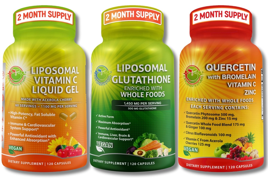 Liposomale vitamine C 1100mg Liquid Gel Capsules - Bundel op met - Liposomal Glutathion 500mg Supplement, Master Antioxidant & Detoxicier & Quercetine met Broomain Vitamine C en Zink