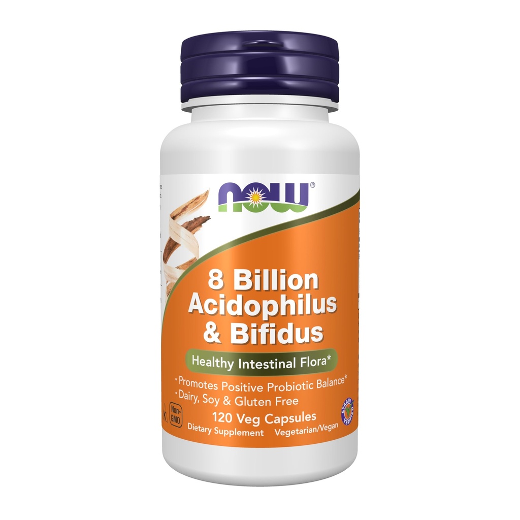 NU Voedingssupplementen, 8 miljard Acidophilus & Bifidus, Zuivel, soja en Glutenvrij, Gecontroleerde stam, 120 Veg Capsules