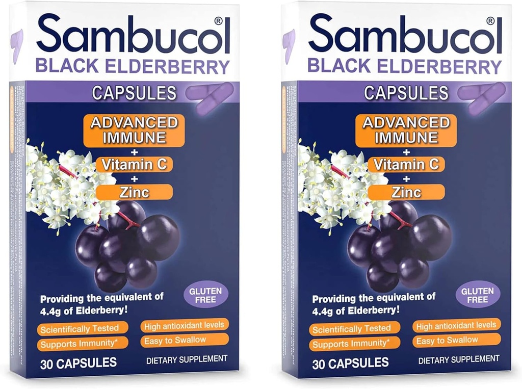 Sambucol Black Elderberry Capsules - Immune avancée, vitamine C et zinc, Elderberry Capsules, soutien immunitaire, suppléments de mûrier noir, sans gluten, capsules faciles à avaler - 30 Compte, 2-Pack