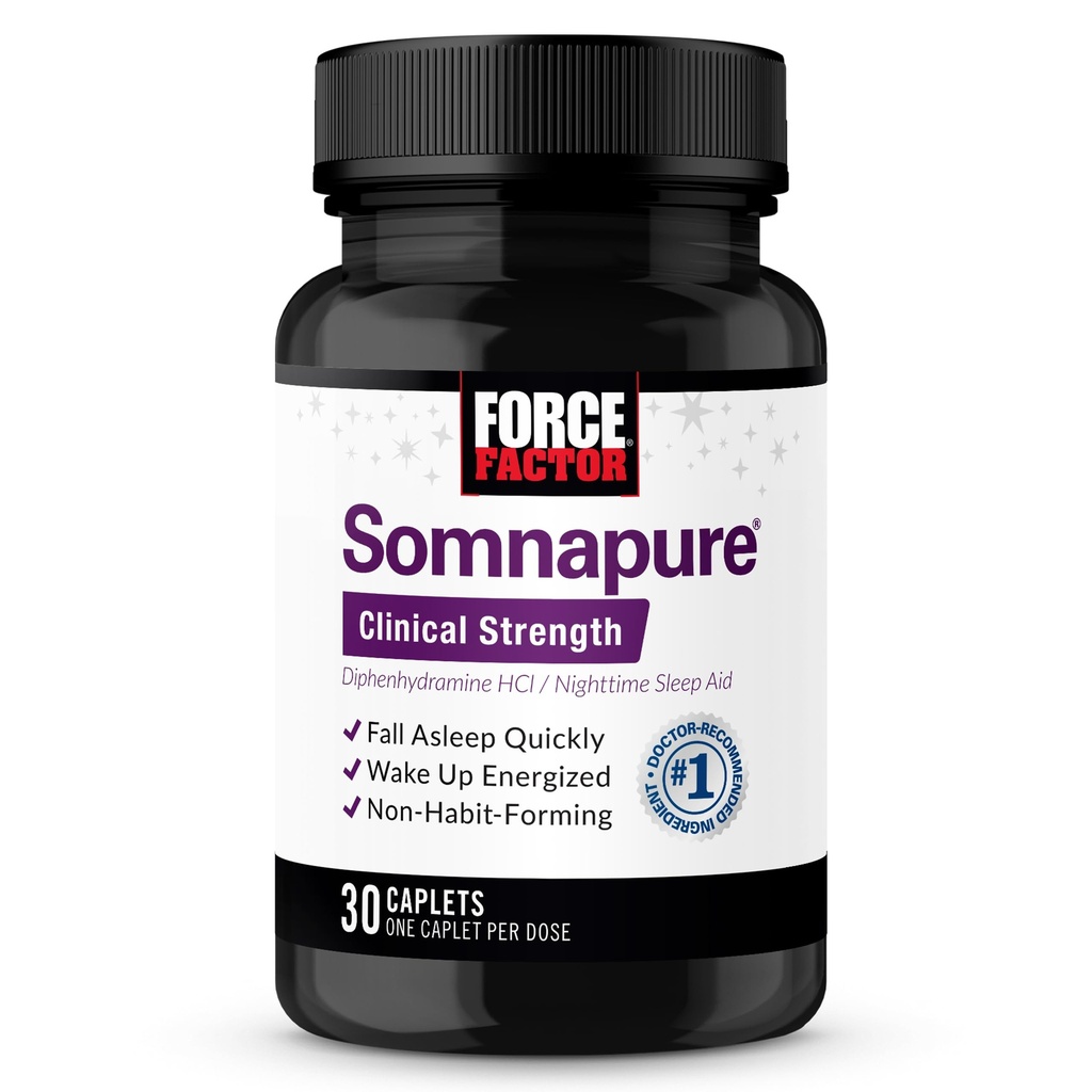 FACTEUR DE FORCE Somnapure Force clinique Aide au sommeil pour adultes, Diphenhydramine HCl, Non-Habit-Forming, Soutien au sommeil nocturne, 30 Caplets