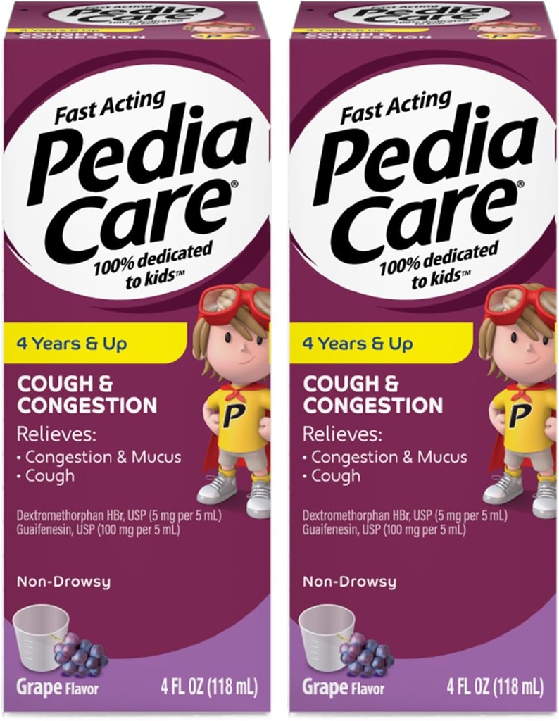 Kinderen Hoest & Congestie Liquid Medicine for Cough, Borst Congestie en Slijm Koude Symptomen, Niet-Drowsy, Leeftijd 4+, Grape Flavor, 4 fl oz (2 Pack)